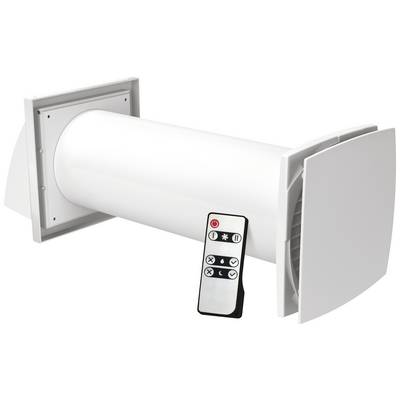 Bijeli ventilacijski sustav s pravokutnim poklopcima i daljinskim upravljačem koji može upravljati različitim funkcijama.