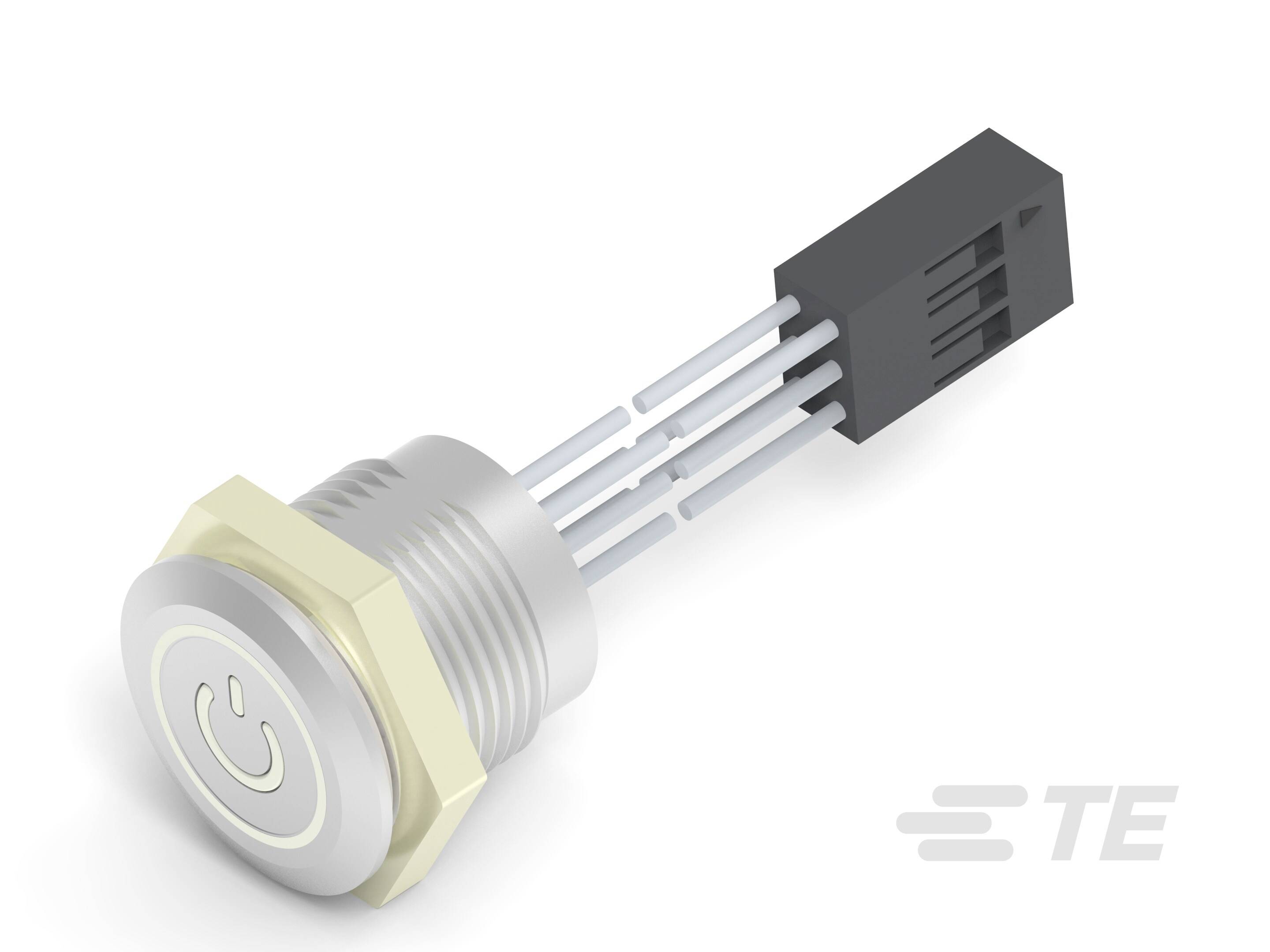 Prikazuje se okrugli metalni tipkasti prekidač s Power simbolom na vrhu i četiri priključena kabela.