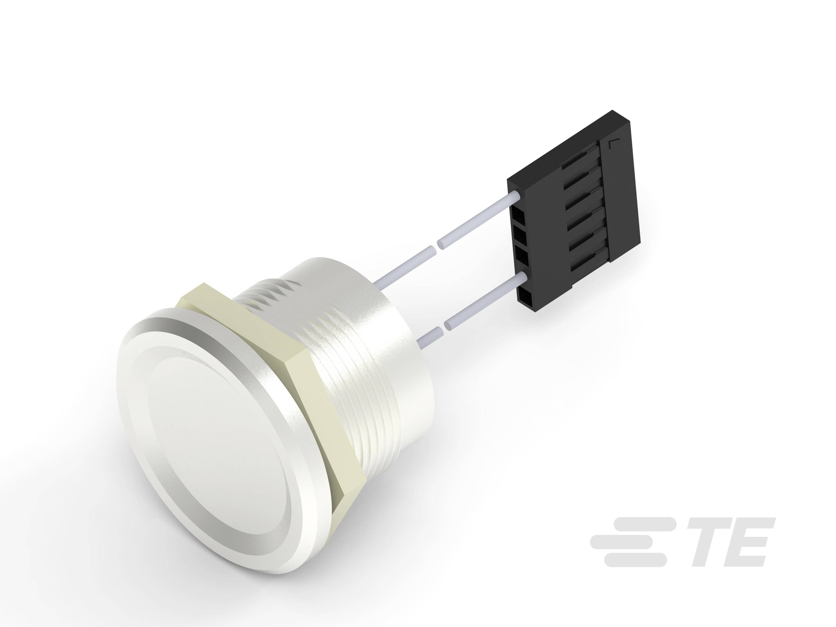 Elektronička komponenta: bijeli, okrugli tipkač s dva metalna traka, spojen crnim priključkom, na sivoj pozadini.