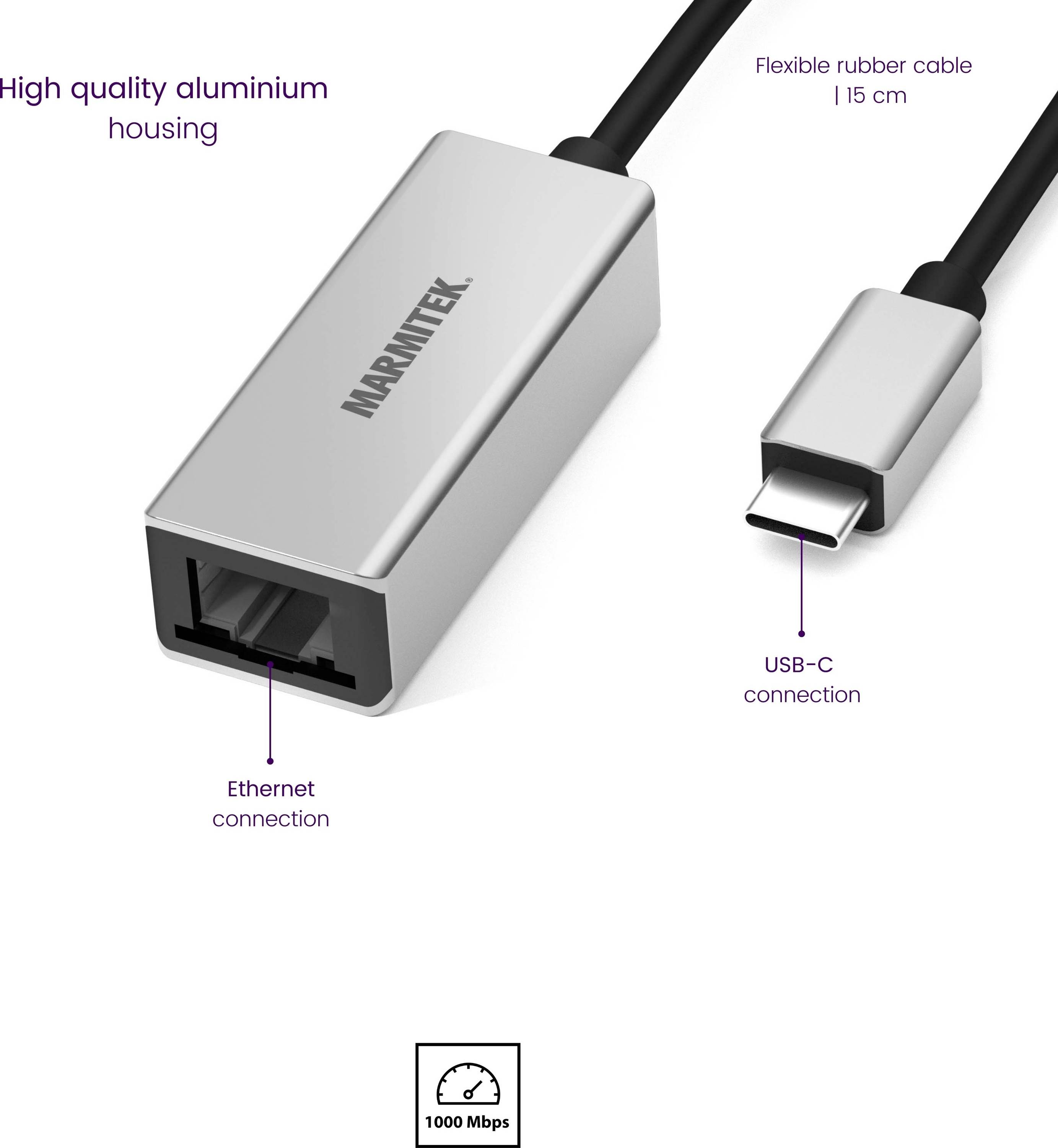 Aluminijski kućišt sa Ethernet priključkom i USB-C vezom, 15 cm fleksibilni gumeni kabel, brzina od 1000 Mbps.