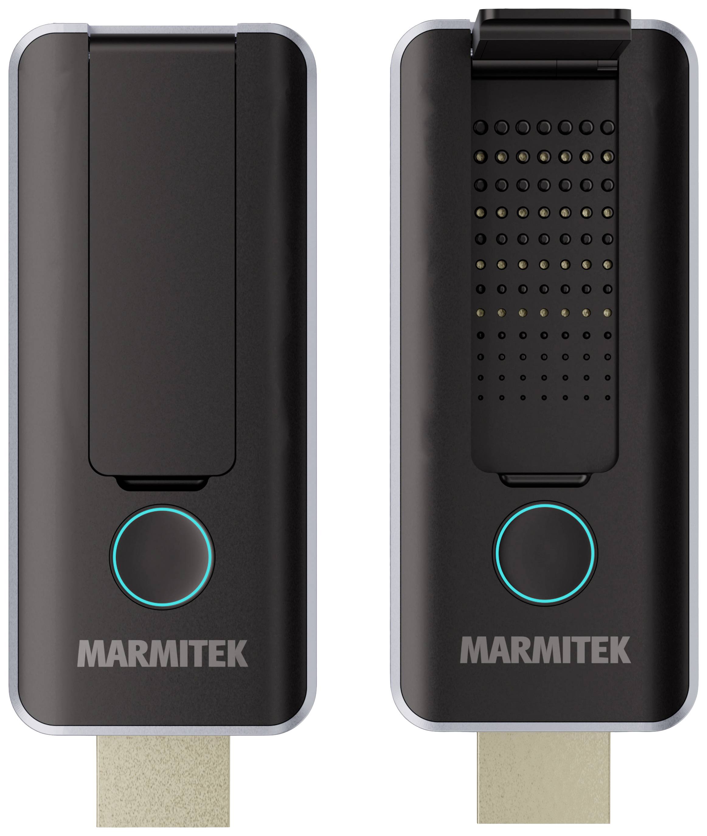 Dva crna HDMI stick-a marke Marmitek sa zaobljenim rubovima, svijetlećim LED tipkama i zlatnim priključcima su vidljiva.