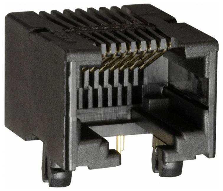 Snimak iz blizine crnog RJ45 Ethernet ženskog konektora s vidljivim metalnim kontaktima. Konektor je dizajniran za povezivanje mrežnih kablova.