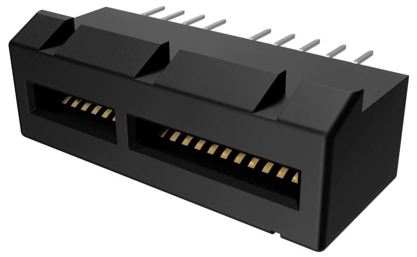 Crni plastični dvoredan konektor s više metalnih iglica, koristi se za elektronske uređaje.