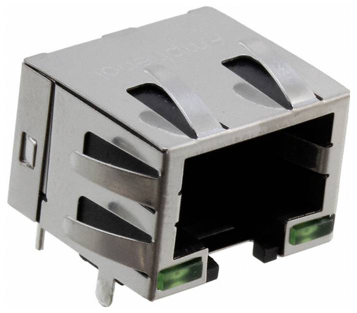 Metalni RJ45 Ethernet priključak za konektor sa zelenim LED indikatorima, koristi se za priključivanje mrežnih kablova u elektroničkim uređajima.