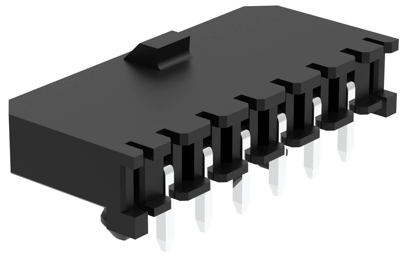 Crni, pravokutni elektronički konektor s 8 pinova i zaključnom karticom, prikazan pod kutom koji pokazuje metalne pinove ispod.
