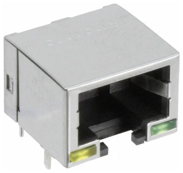 'RJ45 Ethernet priključak s metalnim kućištem koji prikazuje žute i zelene LED indikatore za mrežnu aktivnost i status povezanosti.'