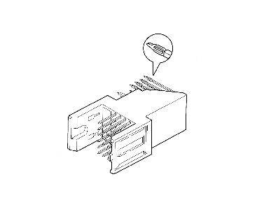 Crtež RJ45 utikača s detaljnim prikazom unutarnjih žičnih povezivanja. Krug uvećava jednu kontaktnu točku.