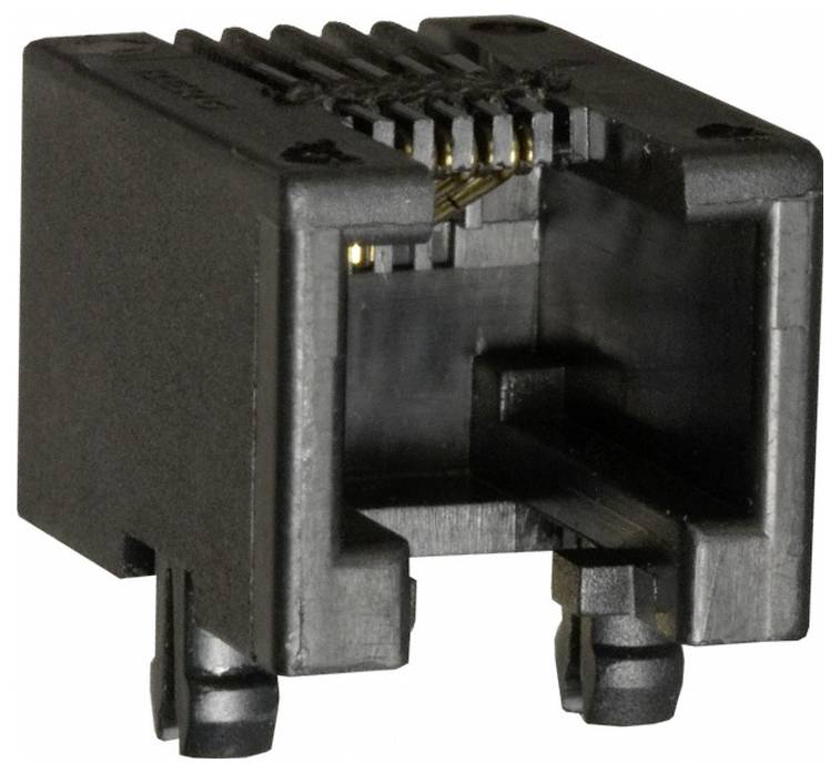 Detaljan prikaz crnog RJ45 priključka s vidljivim metalnim iglicama i otvorom za umetanje Ethernet kabela.