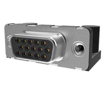 Pravokutni metalni utikač s nekoliko okruglih priključnih mjesta. Pogodan za elektroničke spojeve u uređajima.