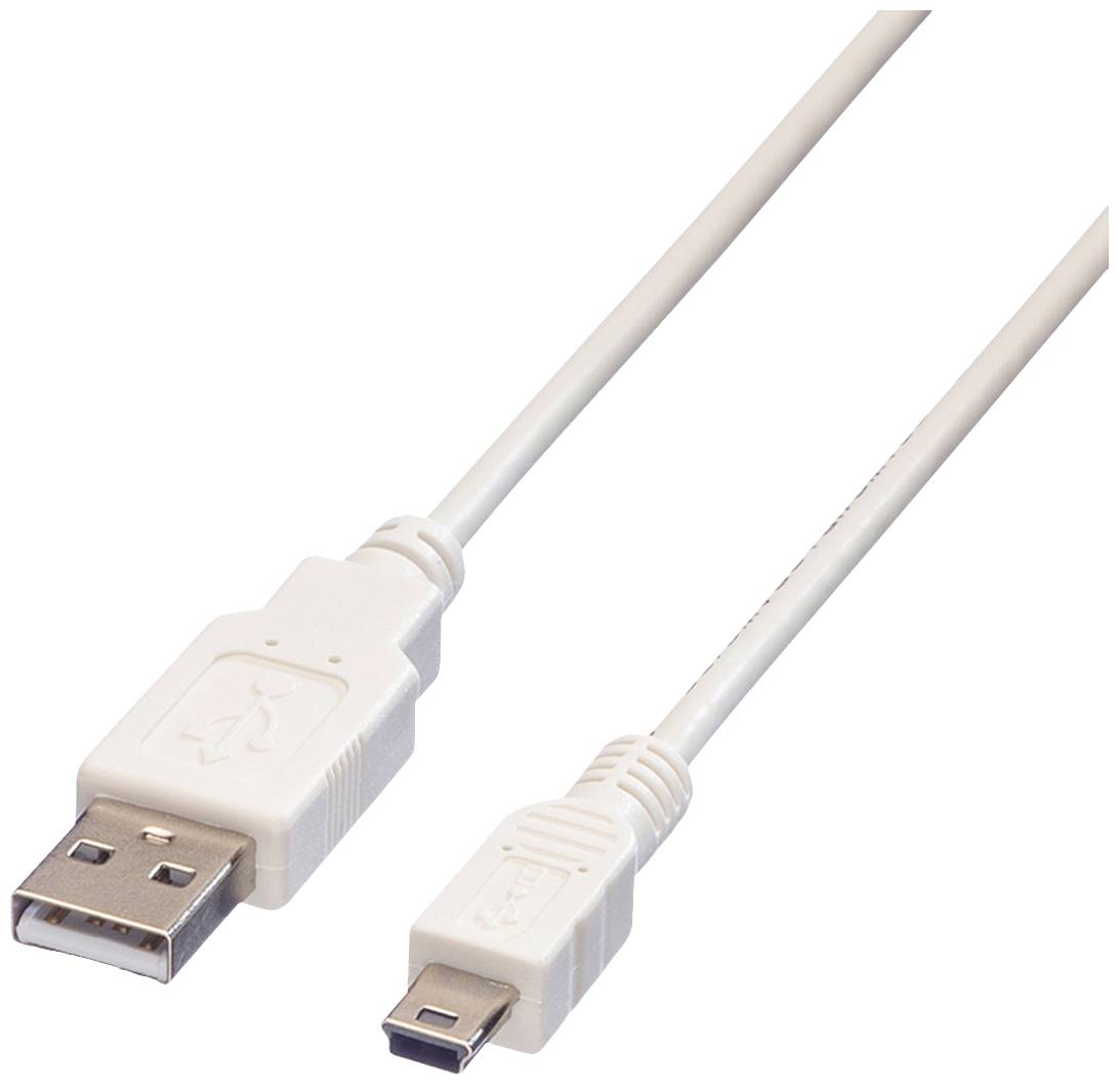 Bijeli USB kabel sa standardnim USB utikačem na jednoj strani i mini USB utikačem na drugoj strani.