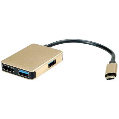 USB-C adapter s dva HDMI priključka i jednim USB priključkom u zlatnoj boji. Povezuje različite uređaje za reprodukciju videozapisa.