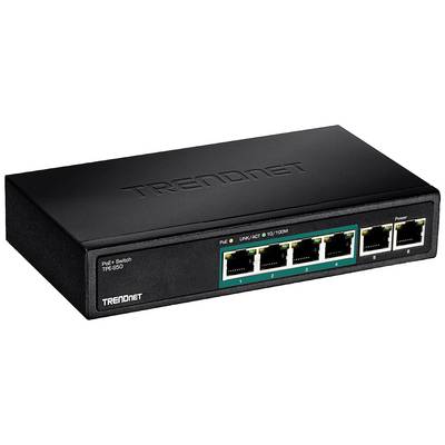 Crni mrežni switch s pet Ethernet priključaka na prednjoj strani, svaki s LED indikatorima za povezanost i aktivnost.