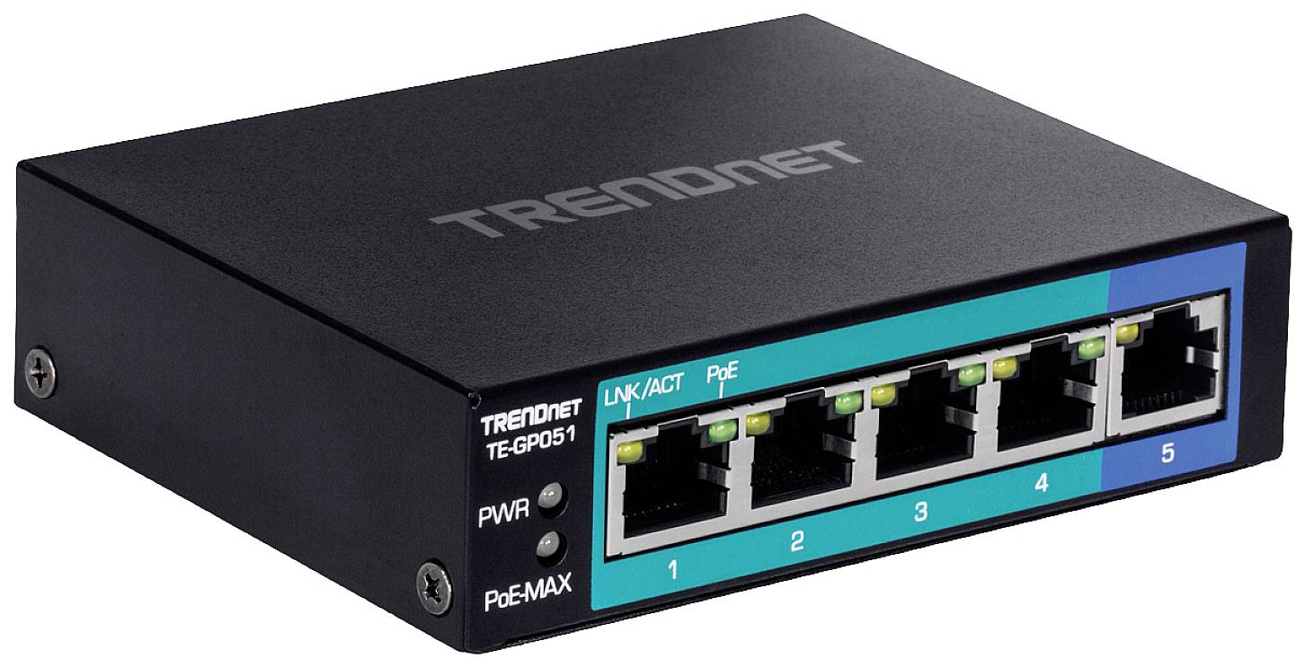 Crni mrežni switch s pet Ethernet porta, svaki port numeriran od 1 do 5, s zelenim i narančastim indikatorskim LED lampicama.