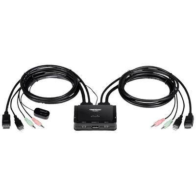 KVM preklopnik s dva HDMI priključka, USB portovima i audio kablovima za povezivanje dva računala s jednim monitorom i perifernim uređajima.