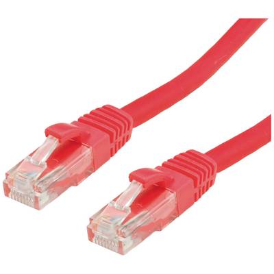 Crveni mrežni kabel s dva RJ45 priključka, pogodan za Ethernet povezivanje, na bijeloj pozadini.