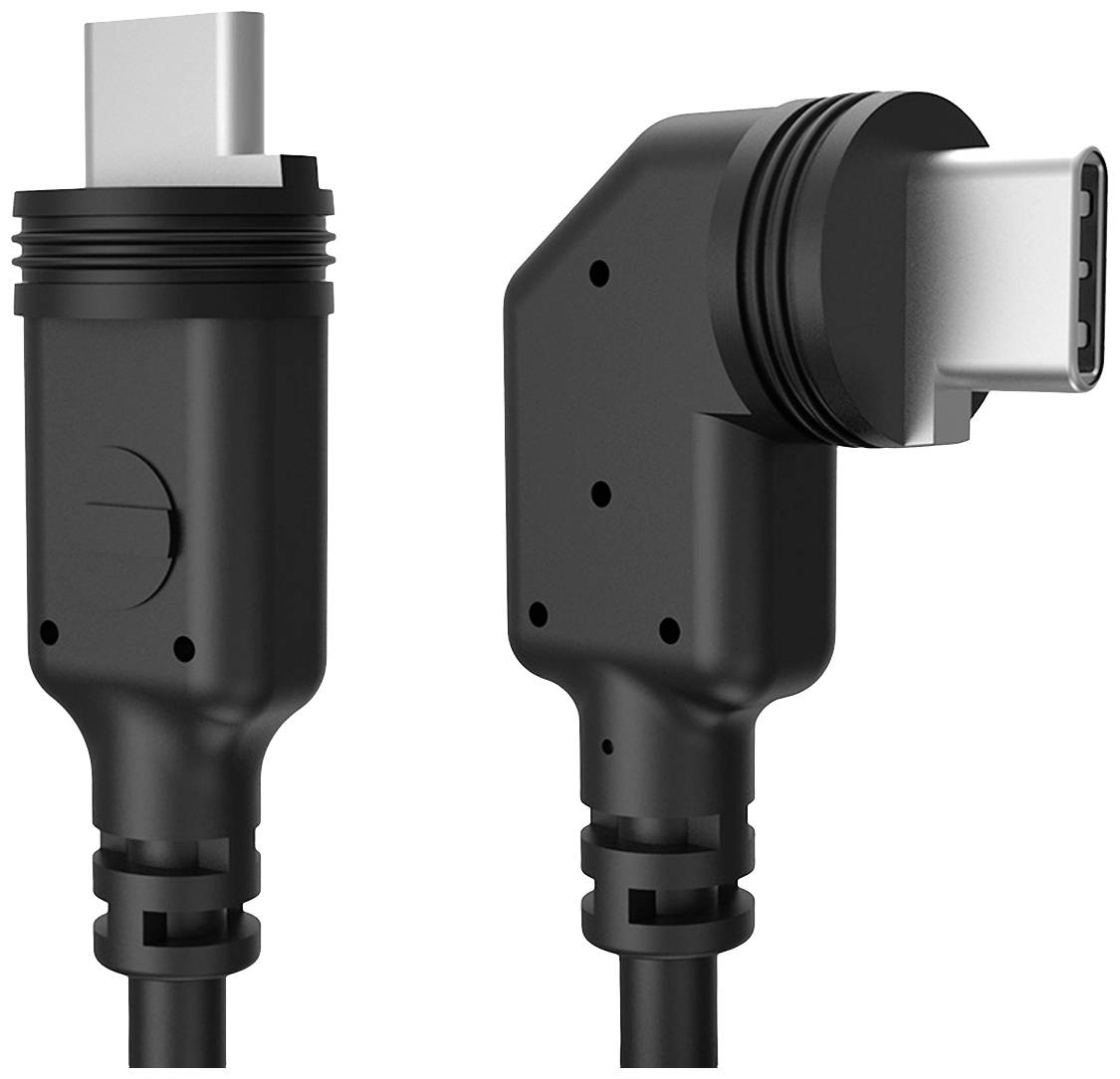 Dva crna USB-C utikača, jedan ravni i jedan pod kutom od 90 stupnjeva, postavljeni jedan do drugoga na bijeloj pozadini.