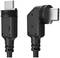 Dva crna USB-C utikača, jedan ravni i jedan pod kutom od 90 stupnjeva, postavljeni jedan do drugoga na bijeloj pozadini.