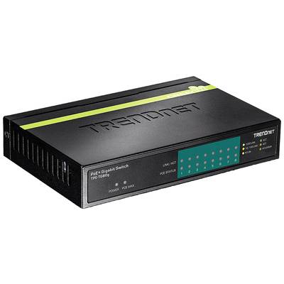 Trendnet PoE-Gigabit-Switch TPE-TG80g s crnim kućištem, zelenom indikatorskom lampom i nekoliko mrežnih priključaka.