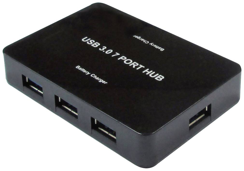 Crni USB razdjelnik s sedam priključaka na kojem piše 'USB 3.0 7 Port Hub'. Pogodan za punjenje uređaja.