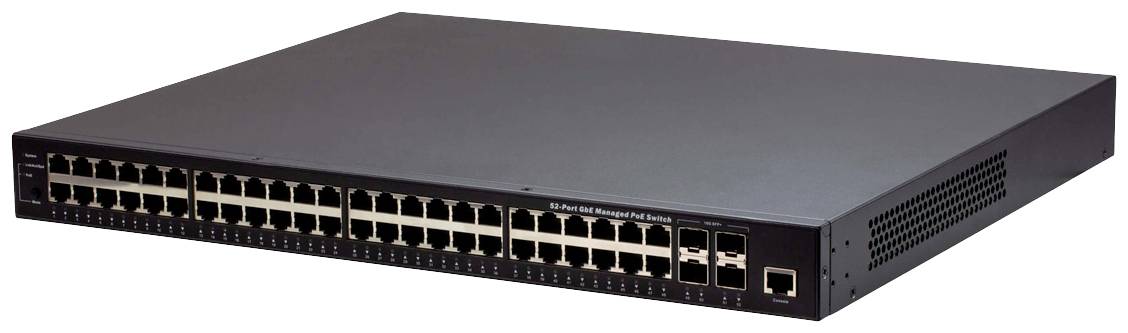 Mrežni switch s 48 Ethernet priključaka, pogodan za velike mreže, stoji na svijetloj površini.