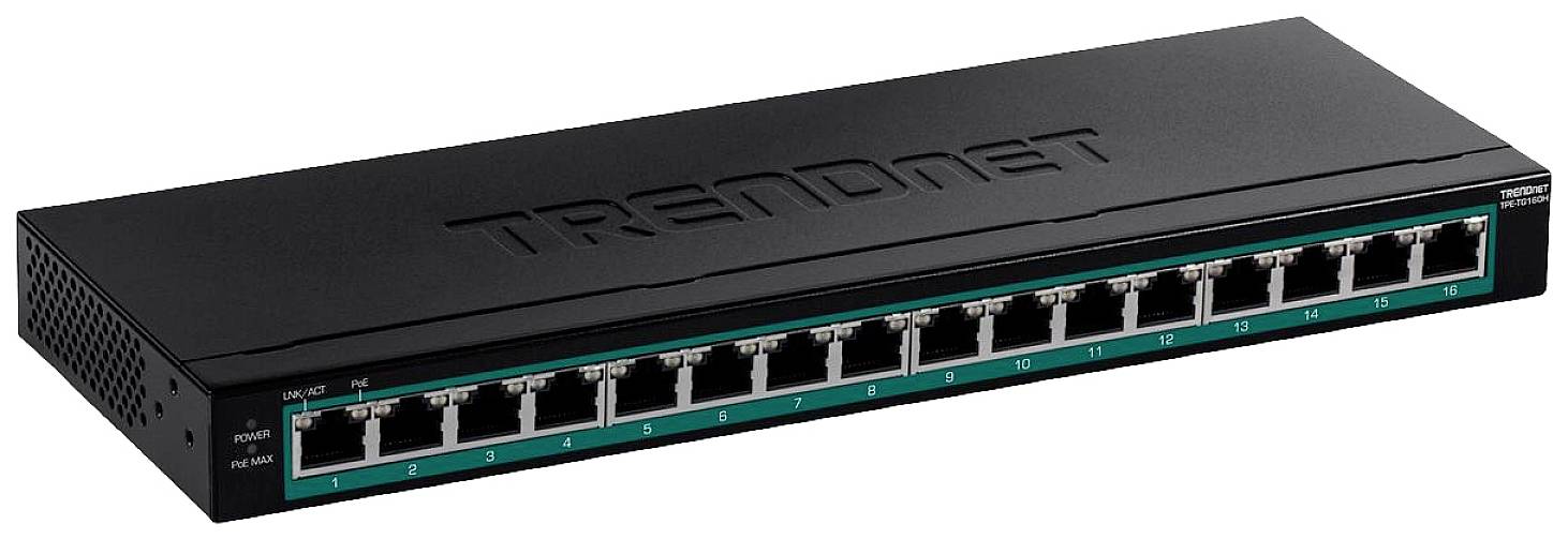 Trendnet mrežni preklopnik sa 16 Ethernet priključaka. Pogodan za proširenje mrežnih kapaciteta u uredskim ili kućnim mrežama.