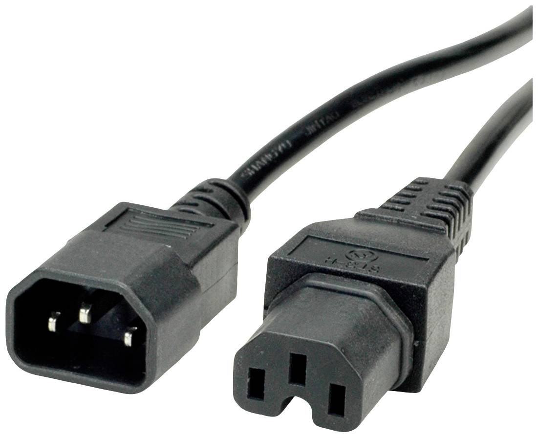 Crni električni kabel s dva utikača: lijevo muški utikač s tri pina, desno ženski priključak.