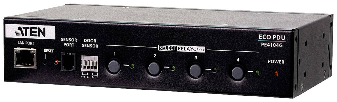 Crni uređaj s natpisom 'ECO PDU' i 'SELECT RELAY'. Ima četiri tipke, LAN priključak i priključke za senzore.