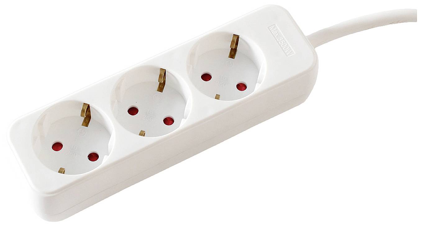 Trostruka utičnica, bijele boje, s kabelom, pogodna za priključivanje više električnih uređaja.
