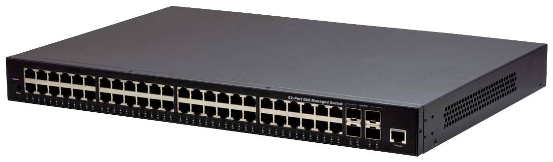 Crni mrežni switch s 48 Ethernet porta i nekoliko LED indikatorskih lampica za prikaz statusa. S lijeve strane su vidljivi svi portovi.