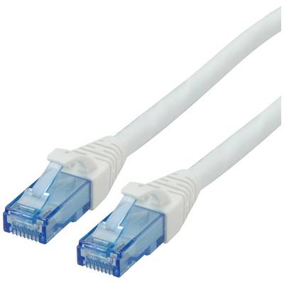 Bijeli Ethernet kabel s plavim utičnicama na oba kraja, korišten za mrežno povezivanje u kućnim ili uredskim mrežama.