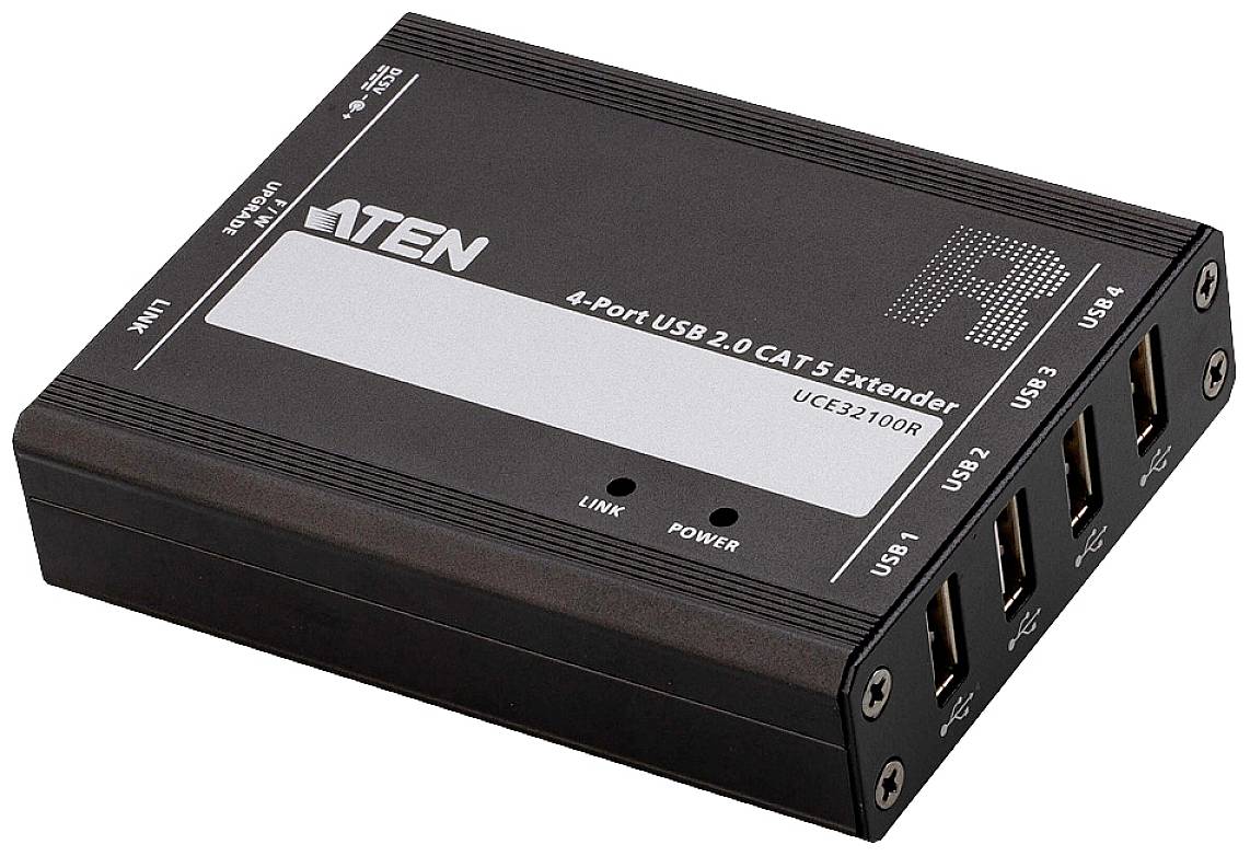 Crni USB razdjeljnik marke 'ATEN' s četiri USB 2.0 porta i CAT-5 vezom, pogodan za proširenje USB signala na velikim udaljenostima.