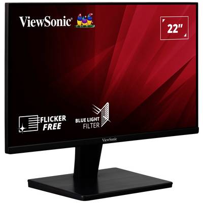 22-inčni monitor ViewSonic u crnoj boji s funkcijama 'Flicker Free' i 'Blue Light Filter', crvena pozadina zaslona.