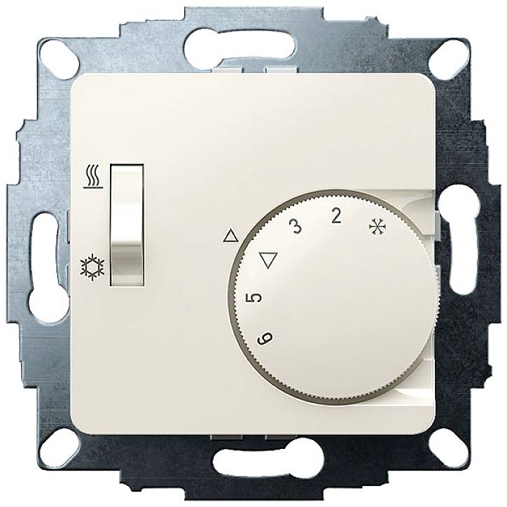 Termostatski regulator na zidu s okretnim gumbom za podešavanje temperature i simbolima za grijanje i hlađenje.