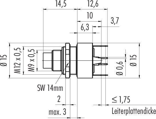 Tehnički nacrt konektora s dimenzijama: ø15 mm, M12x0,5, SW 14 mm, maksimalna debljina tiskane pločice ≤ 1,75 mm.