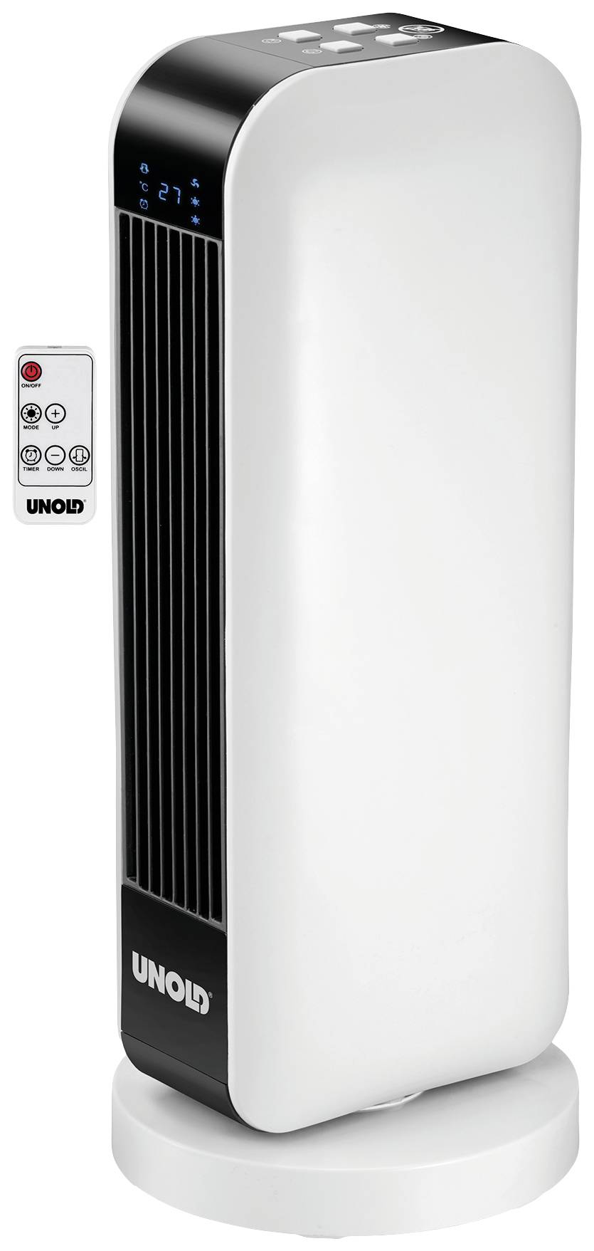 Bijeli, stojeći ventilator tornja s crnom prednjom stranom. Zaslon na vrhu, a uz njega se nalazi daljinski upravljač. Robna marka 'UNOLD'.