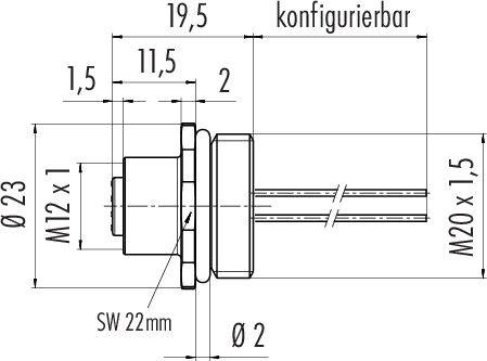 Tehnički nacrt dijela s mjerama: duljina 19,5 mm, promjer 23 mm, navoj M12 x 1, podesiv.