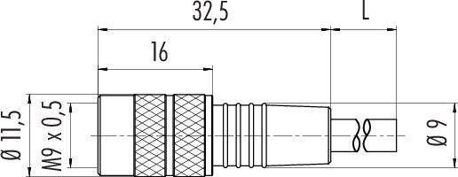 Tehnički crtež utikača s mjerama: ukupna dužina 32,5 mm, promjer 11,5 mm, navoj M9 x 0,5 mm, duljina sekcije 16 mm.