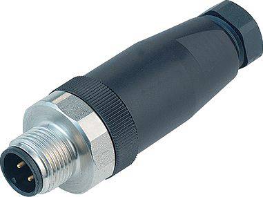 Crni cilindrični utikač s metalnim navojem i tri priključka. Pogodan za električne spojeve.
