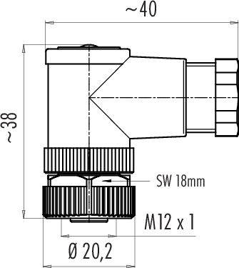 Tehnički nacrt kutnog konektora. Dimenzije: 40 mm duljina, 38 mm visina, Ø 20,2 mm. Oznake: 'SW 18 mm' i 'M12 x 1'.