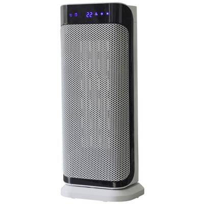 Bijeli grijač prostora s ventilorom koji ima digitalni zaslon i prikaz temperature, prikazuje 22 stupnja Celzijusa, okružen sivom mrežastom rešetkom.