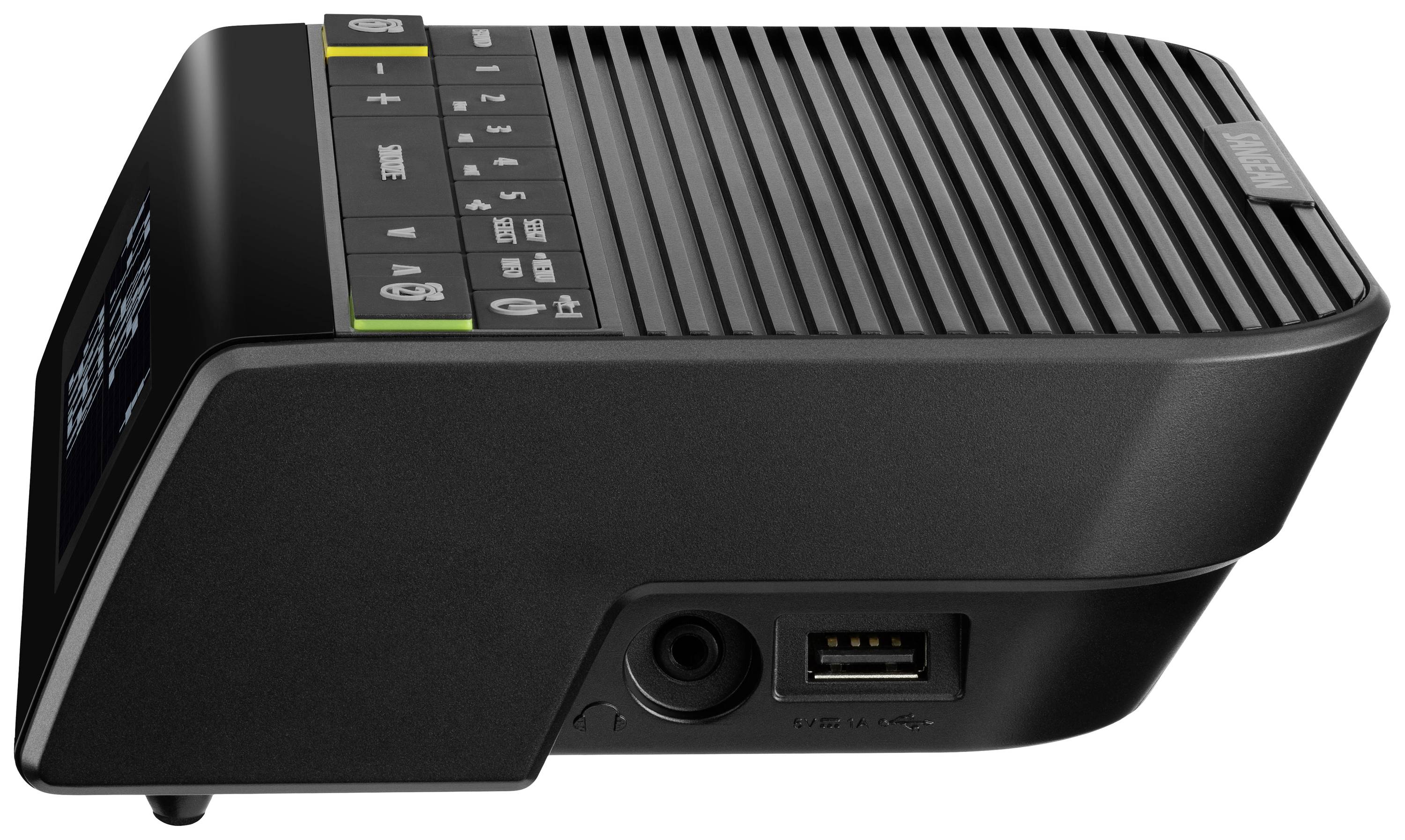 Crni elektronički uređaj sa straničnim kontrolama i USB priključkom. Čini se da je riječ o komunikacijskom uređaju.