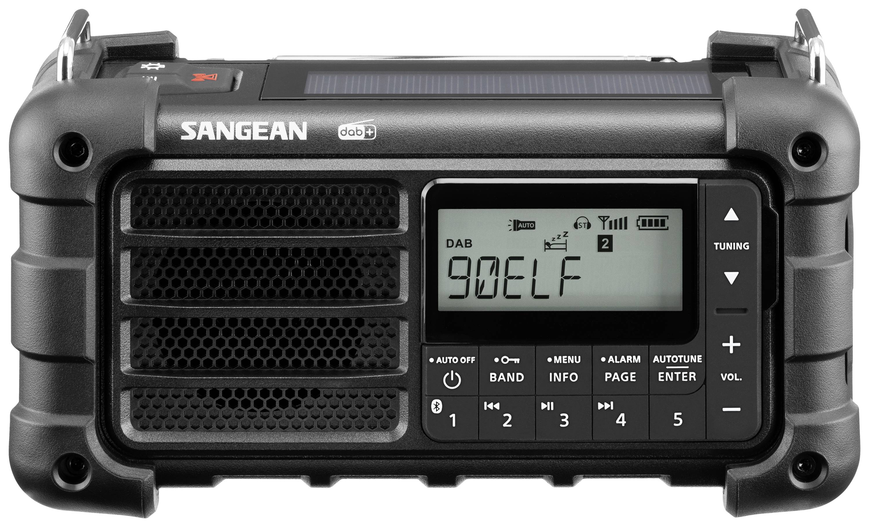 Prijenosni, izdržljivi DAB+ radio od Sangeana s solarnim panelom na vrhu, koji na zaslonu prikazuje stanicu '90ELF'.