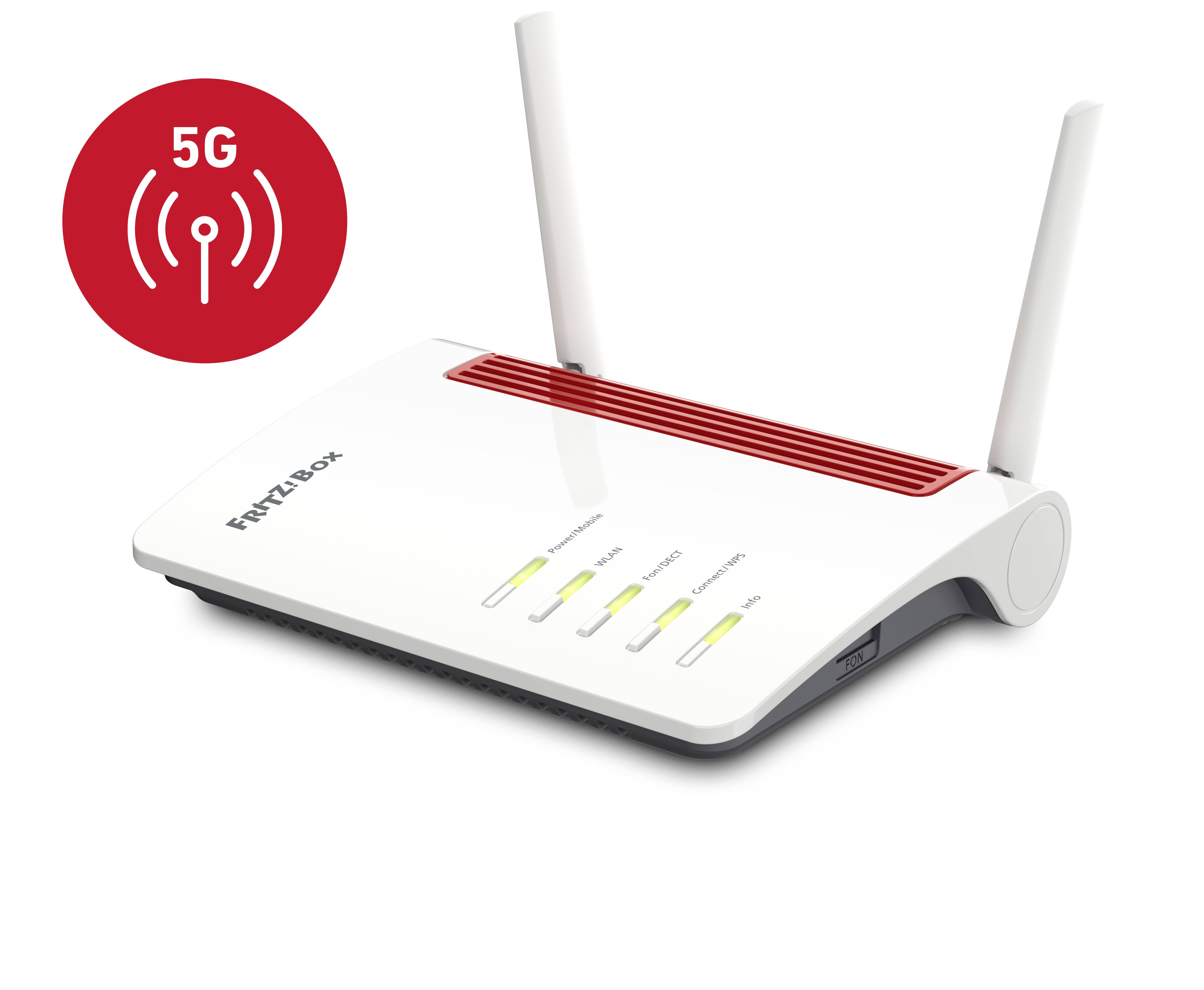 Bijeli usmjerivač s crvenim akcentima i dvije antene. Na usmjerivaču svijetli nekoliko kontrolnih lampica. Gore lijevo nalazi se 5G simbol.