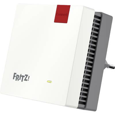 FRITZ! WLAN-repeater u obliku utičnice s crvenom 'Connect' tipkom koja olakšava povezivanje i ventilacijskim otvorima.