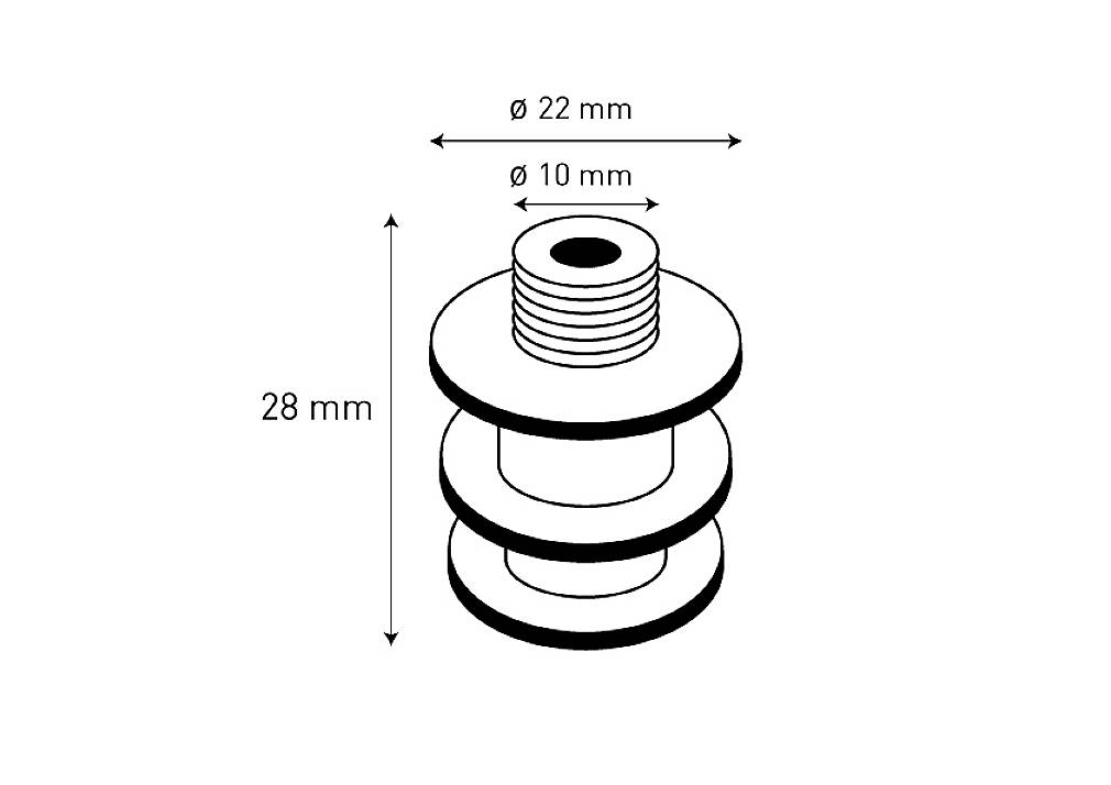 'Tehnički nacrt cilindričnog metalnog elementa s dimenzijama: promjer 22 mm, promjer rupe 10 mm, visina 28 mm.'
