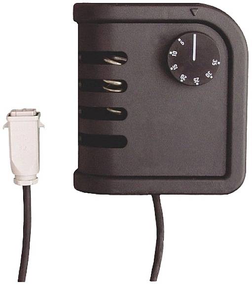Crni električni grijač s regulatorom temperature i kabelom. Desno se nalazi okretni gumb s bijelom ljestvicom.