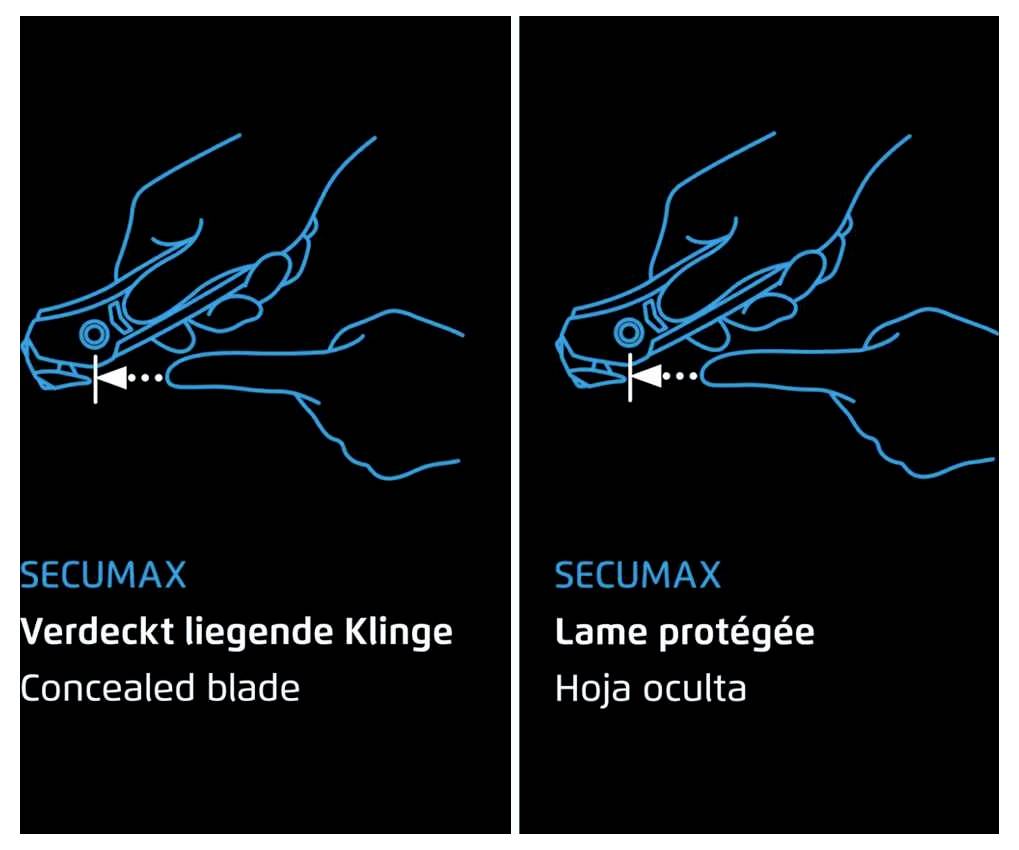 'SECUMAX' sigurnosni nož sa skrivenom oštricom. Prikaz prikazuje siguran hvataljku izbjegavanjem kontakta prstiju s oštricom.