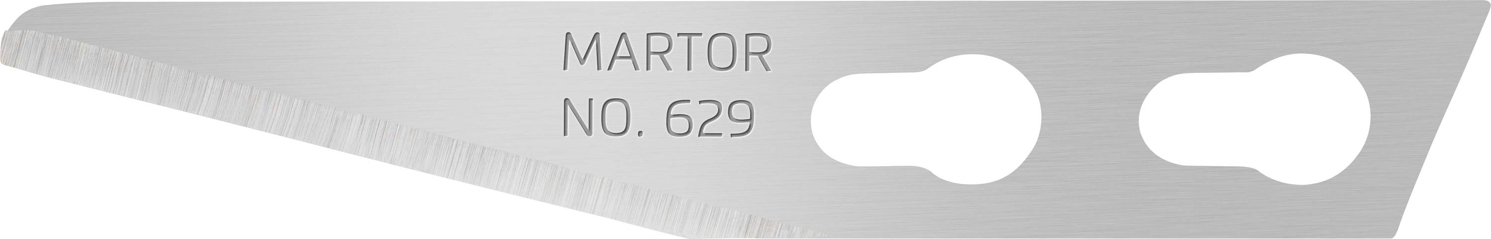 Srebrna zamjenska oštrica s natpisom 'MARTOR NO. 629' i dvije ovalne rupe.