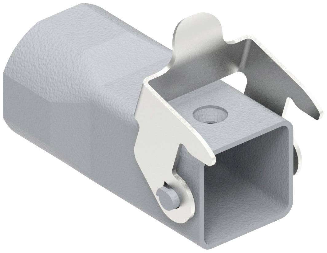Sivo metalno dijele s pravokutnim otvorom i dva savijena metalna kuka sa strane.
