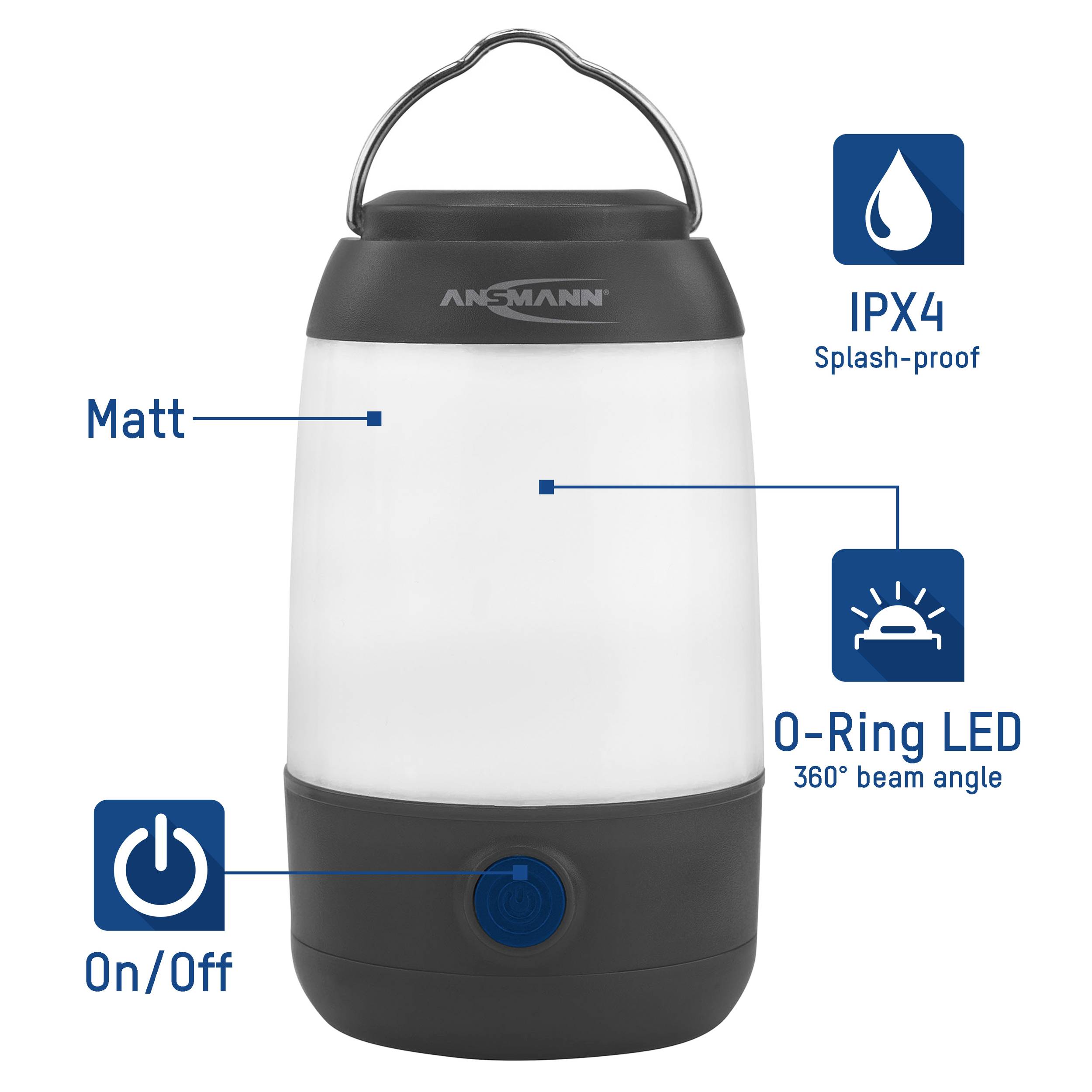 Bijela LED camping lampa s crnom bazom, zaštićena od prskanja vode (IPX4), 360° snop svjetla, tipka za uključivanje/isključivanje na dnu.